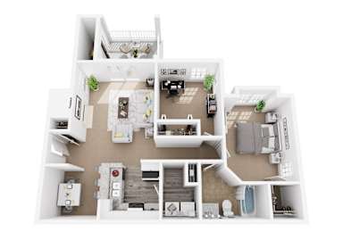 A top-down view of a house layout with a kitchen, living room, dining area, and bedrooms.