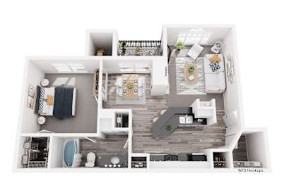A floor plan of an apartment with a kitchen, living room, and bedrooms.