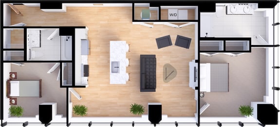 2 bedroom 2 bathroom Suite Style A2 - 3D Floor Planat Residences at 55, Cleveland, Ohio