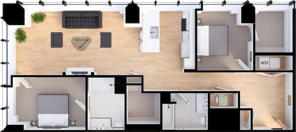 2 bedroom 2 bathroom Suite Style C2 - 3D Floor Plan at Residences at 55, Cleveland, OH, 44113