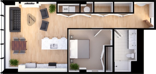 1 Bedroom 1 bathroom  Suite Style E1 - 3D Floor Plan at Residences at 55, Cleveland, OH