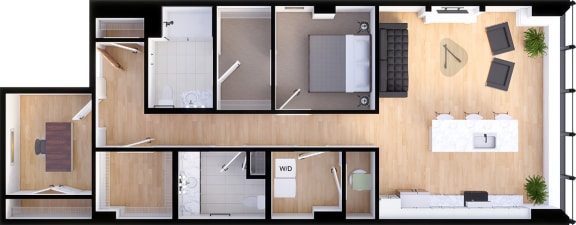 1 bedroom 1.5 bathroom Suite Style G1 - 3D Floor Plan at Residences at 55, Ohio