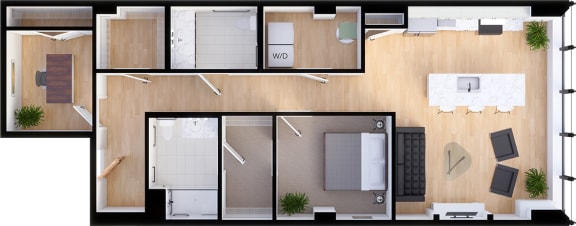 1 bedroom 1.5 bathroom Suite Style J1 - 3D Floor Plan at Residences at 55, Ohio, 44113