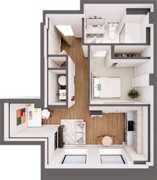 A modern, white and wood interior design of a house with a kitchen, living room, and bedroom.