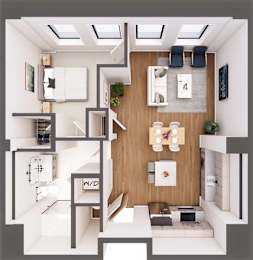 A modern, white-walled apartment with a kitchen, living room, and bathroom.