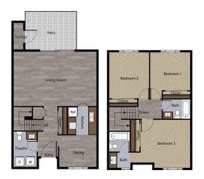 Three Bedroom Townhome Plan G Floorplan at St. Charles Oaks Apartments, California