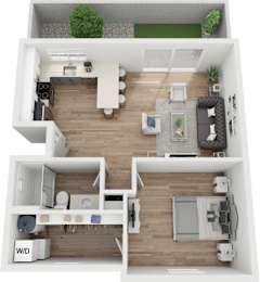 A 3D floor plan of a house with two bedrooms, a living room, a kitchen, and a bathroom.