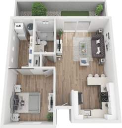 A floor plan of a small apartment with a living room, kitchen, and bathroom.