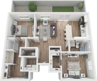 A 3D floor plan of a house with a living room, kitchen, and bedrooms.
