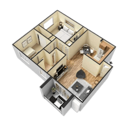 A 3D floor plan of a house with multiple rooms and a kitchen.