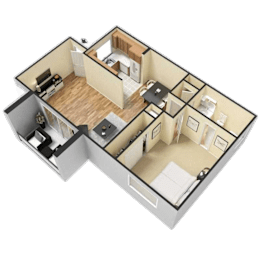 A 3D floor plan of a house with a living room, kitchen, and two bedrooms.