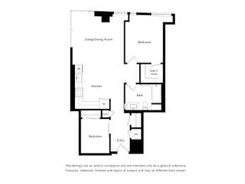 A black and white drawing of a house layout with a living/dining room, kitchen, two bathrooms, and two bedrooms.