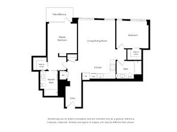 A floor plan of a house with a living room, dining room, kitchen, and bathrooms.