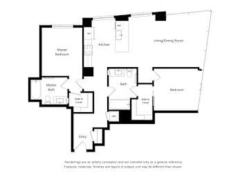 A black and white drawing of a house layout with a living/dining room, kitchen, two bathrooms, two bedrooms, a walk-in closet, and an entry.