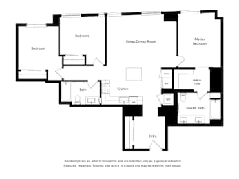 A floor plan of a house with two bedrooms, a living/dining room, a kitchen, a master bedroom with an ensuite, a master bath, and an entry.