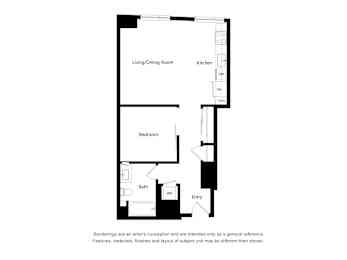 A black and white floor plan of a small apartment with a living/dining room, kitchen, bedroom, and bath.