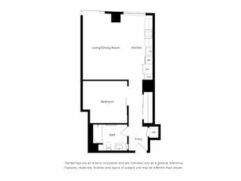 A floor plan of a small apartment with a living/dining room, kitchen, bedroom, bathroom, and entry way.