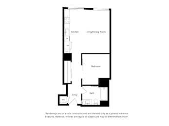A floor plan of a small apartment with a kitchen, living room, bedroom, and bathroom.