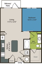 A1 floor plan 1 bedroom 1 bath 700 square feet at Waterford RiNo, Denver