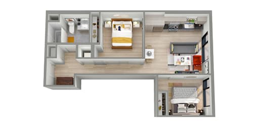 a stylized floor plan of a bedroom and living room