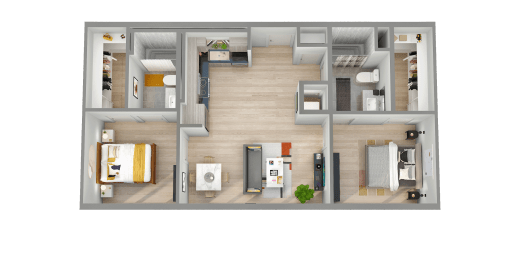 a 3d rendering of a floor plan with a bedroom and a bathroom