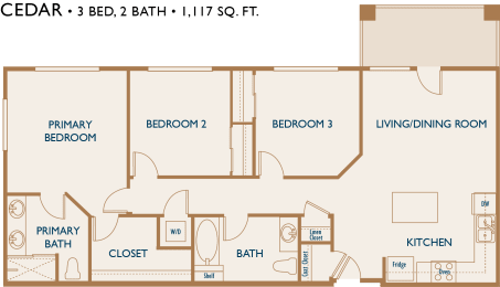 Cedar 3 bed 2 bath - 1117 sq ft