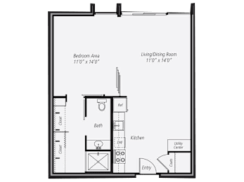 1 Bedroom 1 bathroom floorplan at Vera Cortez Hill, San Diego, 92101