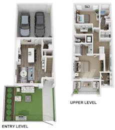 a before and after image of an apartment floor plan with an upper level and a lower level