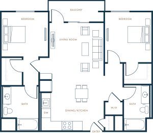 a floor plan of a residence showing the layout of the bedrooms and the living room