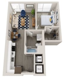 Emerald A2 1 bed 1 bath 600 square feet floor plan