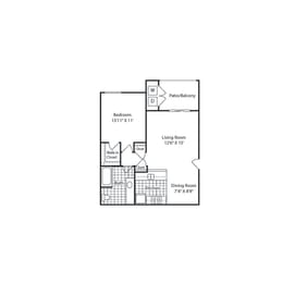 A – 1 Bedroom 1 Bath Floor Plan Layout – 670 Square Feet at Mission Trails Apartments San Diego, San Diego, CA, 92119