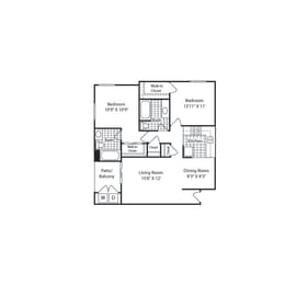 B – 2 Bedroom 2 Bath Floor Plan Layout – 897 Square Feet at Mission Trails Apartments San Diego, San Diego, California