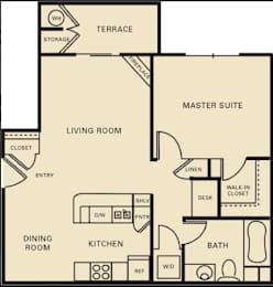 A floor plan of a house with a living room, dining room, kitchen, bathroom, and master suite.