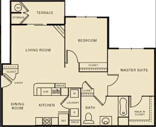 A floor plan of a house with a living room, dining room, kitchen, bedroom, bathroom, and terrace.