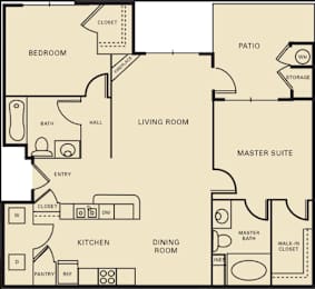 A floor plan of a house with a living room, kitchen, and master suite.