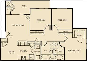 A floor plan of a house with two bedrooms, a living room, a dining room, a kitchen, a laundry room, a pantry, a master suite with a master bath, and a patio.