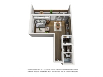 A  – 0 Bedroom 1 Bath Floor Plan Layout – 477 Square Feet