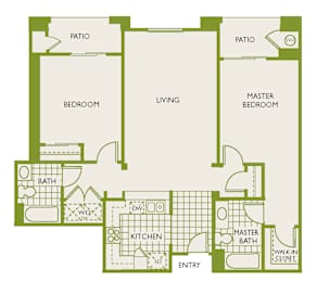 A floor plan of a house with a living room, kitchen, two bedrooms, a bathroom, and a walk-in closet.