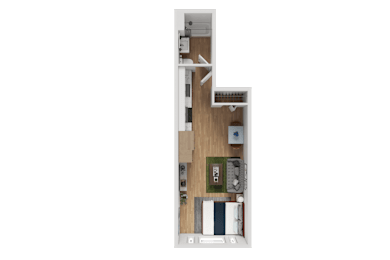 3D floor plan with bedroom bathroom and living area at Noda Apartments, Seattle, 98101