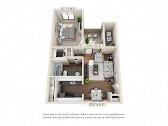 1 Bedroom 1 Bath Floor Plan Layout – 615 Square Feet at Salado Springs, Tempe, 85281