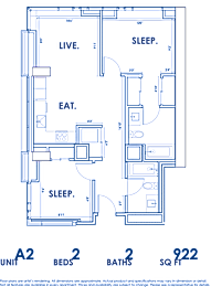 A floor plan of a two bedroom apartment with a living room, kitchen, and bathrooms.