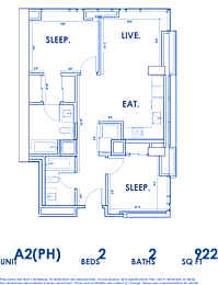 A blueprint of a house layout with labeled rooms such as sleep, live, and eat.