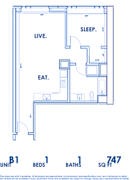 A floor plan of a small apartment with a living room, a sleeping area, a kitchen, and a bathroom.