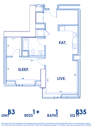 A floor plan of a unit with a living room, a bedroom, and a bathroom.