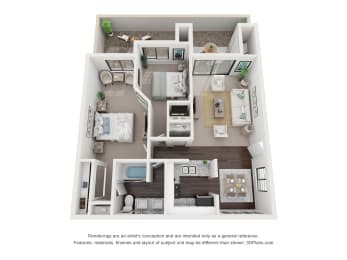 a stylized floor plan is shown with a bedroom and living room at Vaseo Apartments, Phoenix, 85022