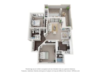a stylized floor plan with a bedroom and a living room at Vaseo Apartments, Arizona