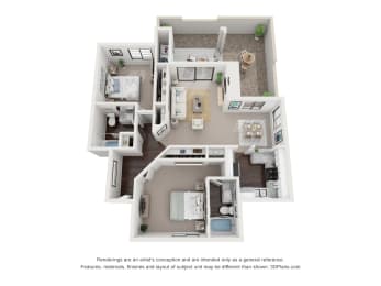 a stylized view of a 3 bedroom floor plan of a house at Vaseo Apartments, Phoenix, AZ 85022