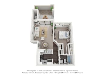 a stylized floor plan with a bedroom and a living room at Vaseo Apartments, Phoenix