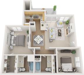 A 3D floor plan of a house with a kitchen, living room, and bathrooms.