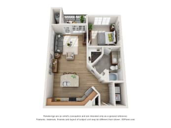 A2 1 bed 1 bath floor plan 678 square feet at Terracina, Broomfield, CO